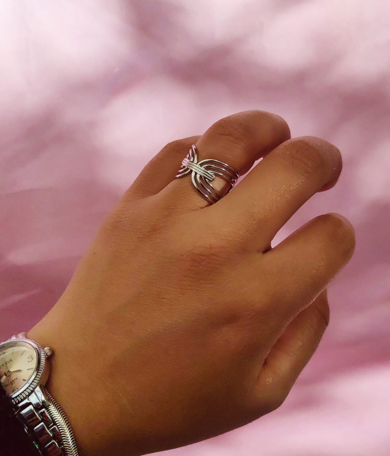 Anillo Acero Quirúrgico Silver Wire Bow — Anillo Regulable Moño Entramado