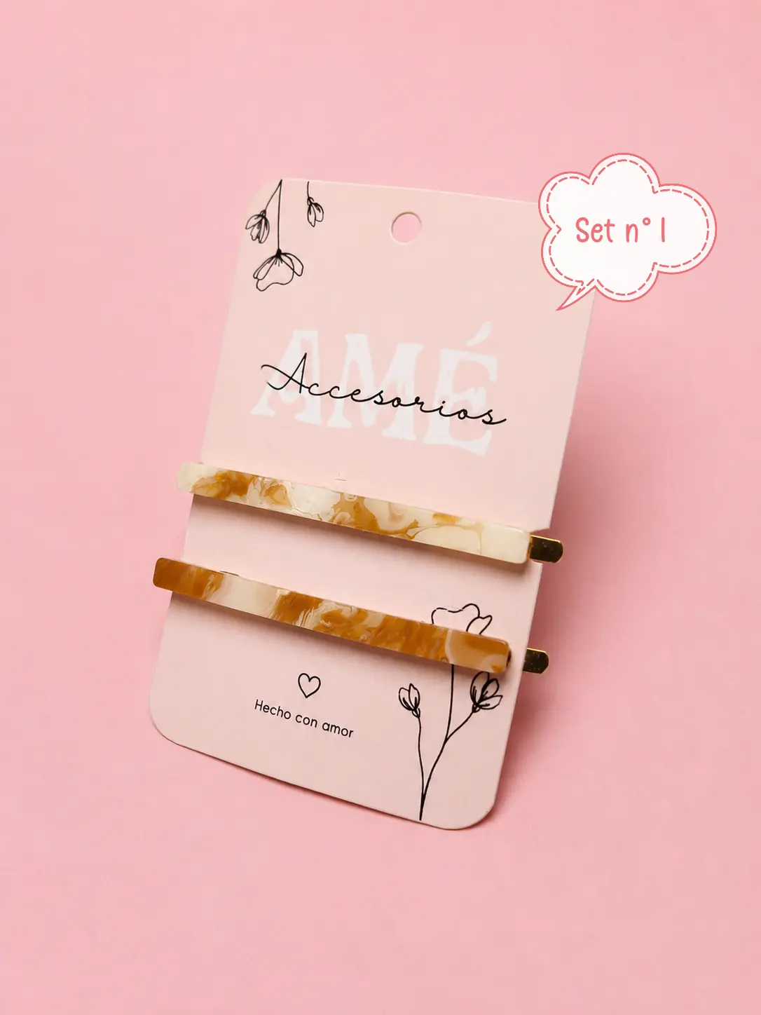 Set x2 Hebillas Hair Pins Acrilato Resina — Set de Clic Clacs Rectos Efecto Carey / Marmolado