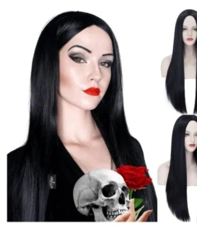Peluca larga pelo lacio morticia halloween