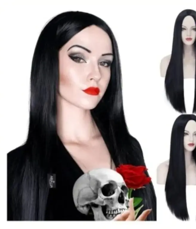 Peluca larga pelo lacio morticia halloween