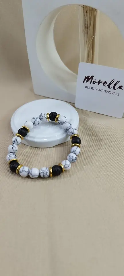 Pulsera 8mm en piedra natural de Howlita y turmalina negra