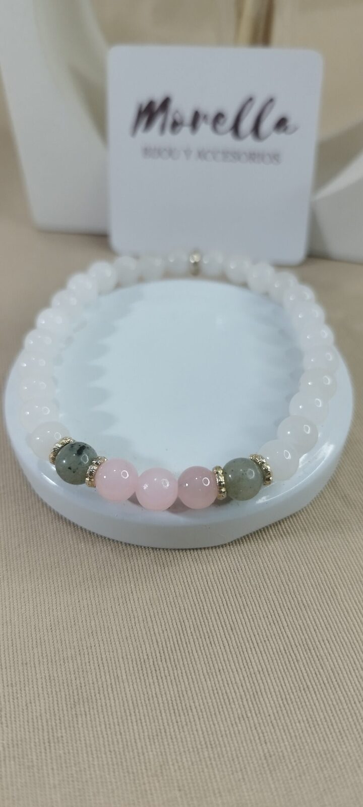 Pulsera 6 mm labradorita cuarzo rosa mármol blanco