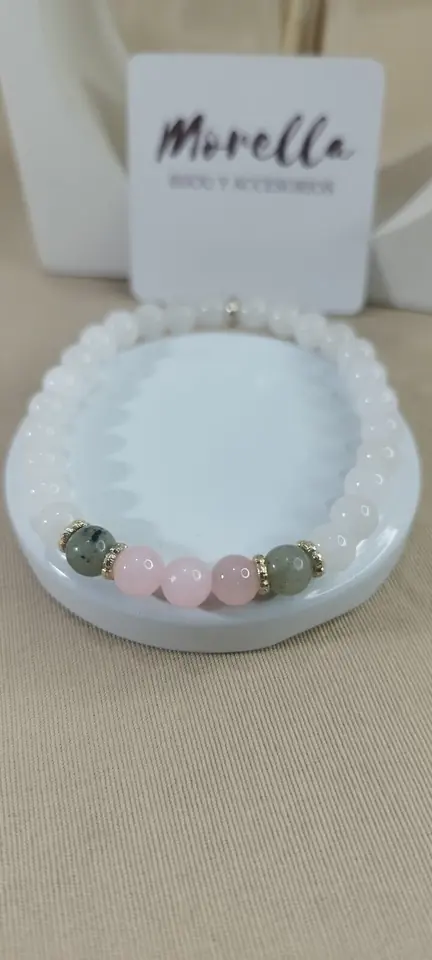 Pulsera 6 mm labradorita cuarzo rosa mármol blanco