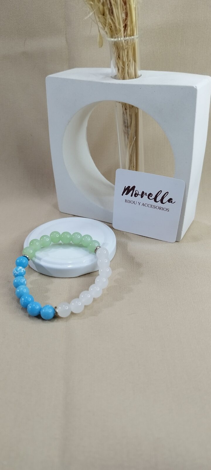 Pulsera 8 mm en cuarzo verde ,blanco y azul