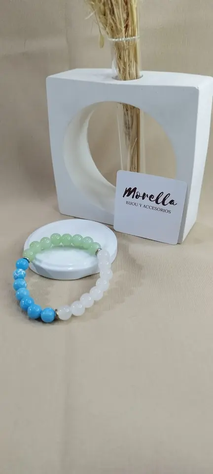 Pulsera 8 mm en cuarzo verde ,blanco y azul