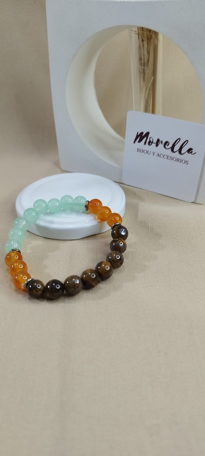 Pulsera 8mm de piedra combinada de ámbar,amazonita y ojo de tigre