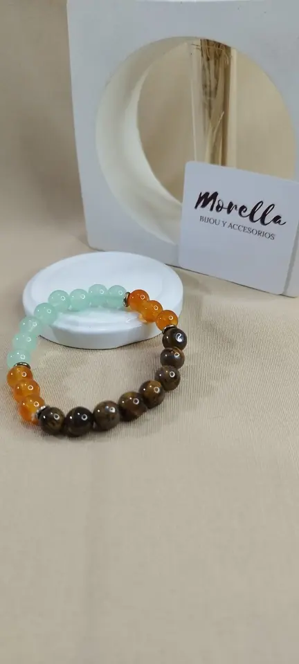 Pulsera 8mm de piedra combinada de ámbar,amazonita y ojo de tigre