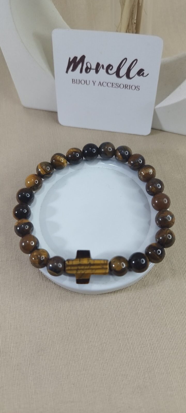 Pulsera 8 mm con dije cruz en ojo de tigre