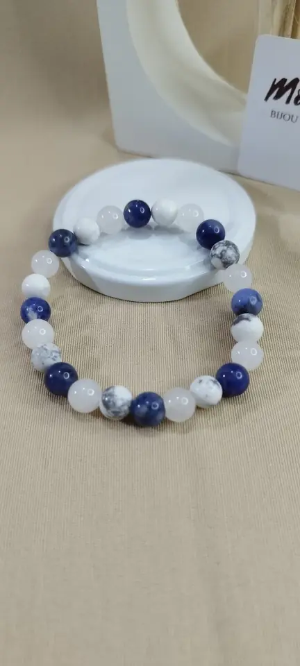 Pulsera 8 mm en piedra natural de sodio,topacio blanco y piedra de la luna