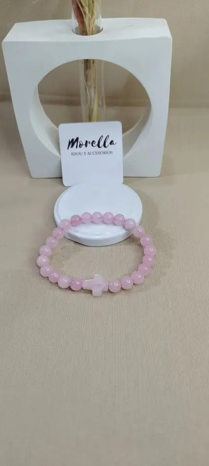 Pulsera 8 mm dije cruz cuarzo rosa