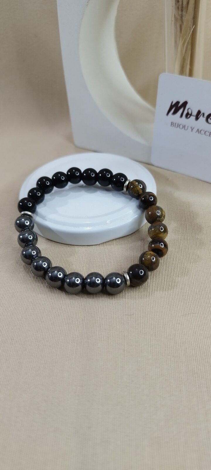 Pulsera 8 mm en piedra natural en hematites ,ojo de tigre y obsidiana negra
