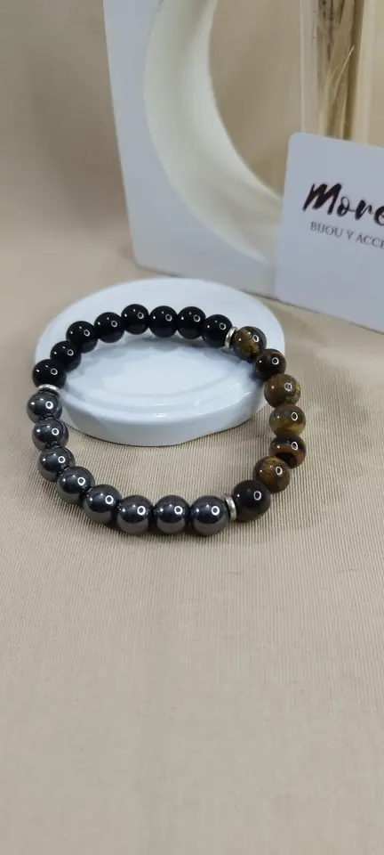 Pulsera 8 mm en piedra natural en hematites ,ojo de tigre y obsidiana negra