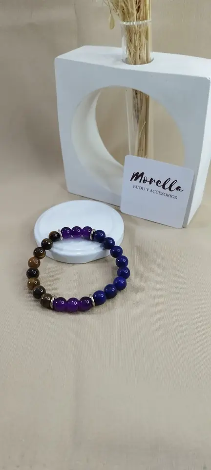 Pulsera 8mm combinada de ojo de tigre , lápislazuli y amatista