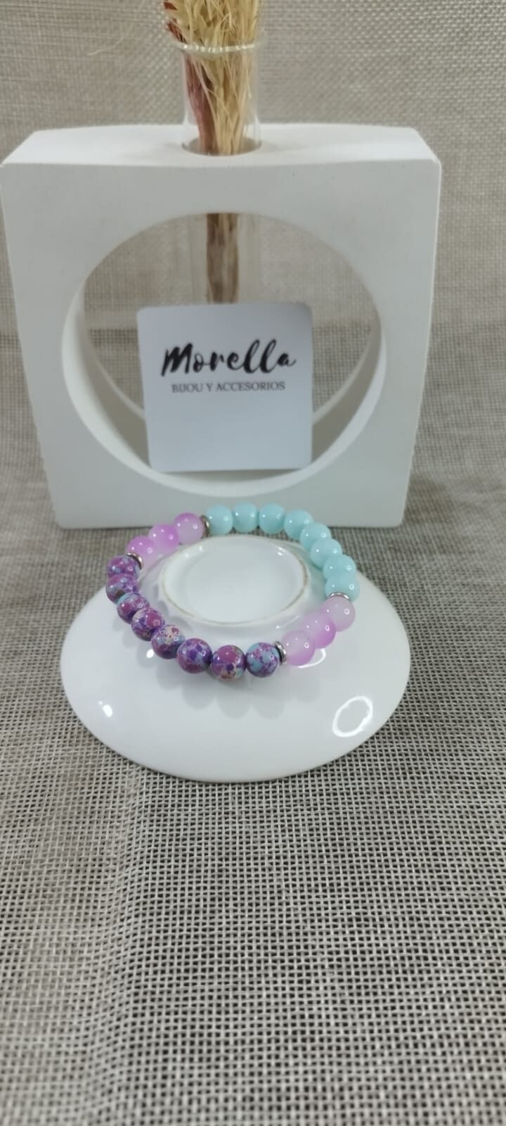 Pulsera 8 mm  en Larimar ,cuarzo rosa y piedra imperial