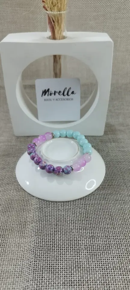 Pulsera 8 mm  en Larimar ,cuarzo rosa y piedra imperial