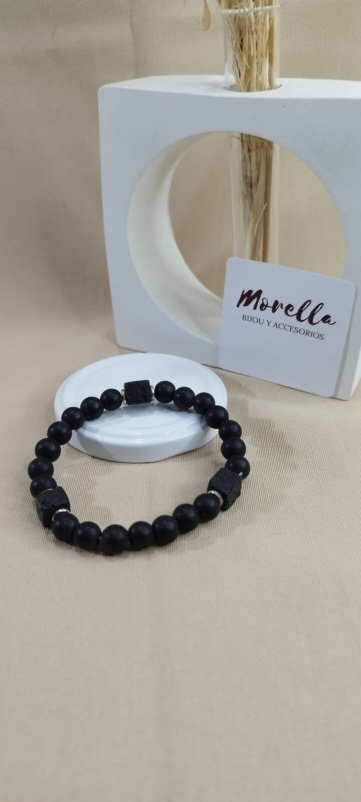 Pulsera 8mm en lava volcánica y turmalina negra