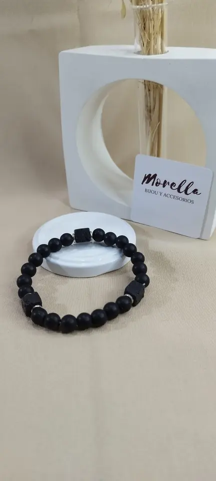 Pulsera 8mm en lava volcánica y turmalina negra