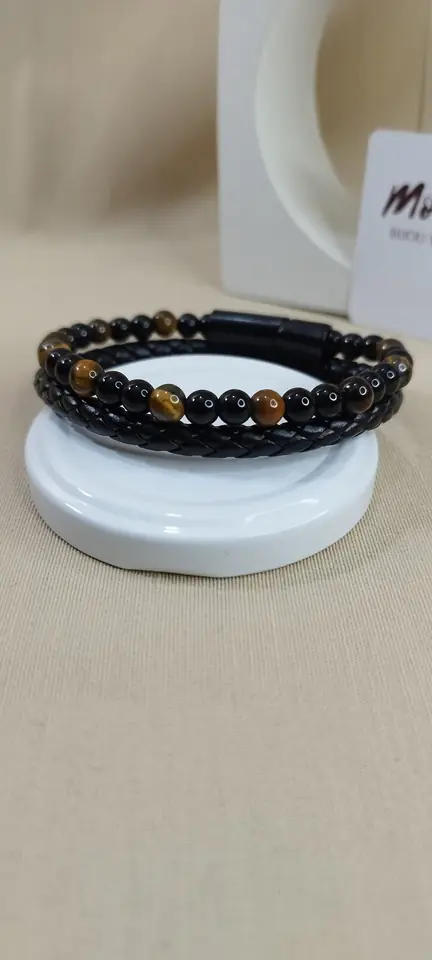 Pulsera en cuero y piedras ojo de tigre