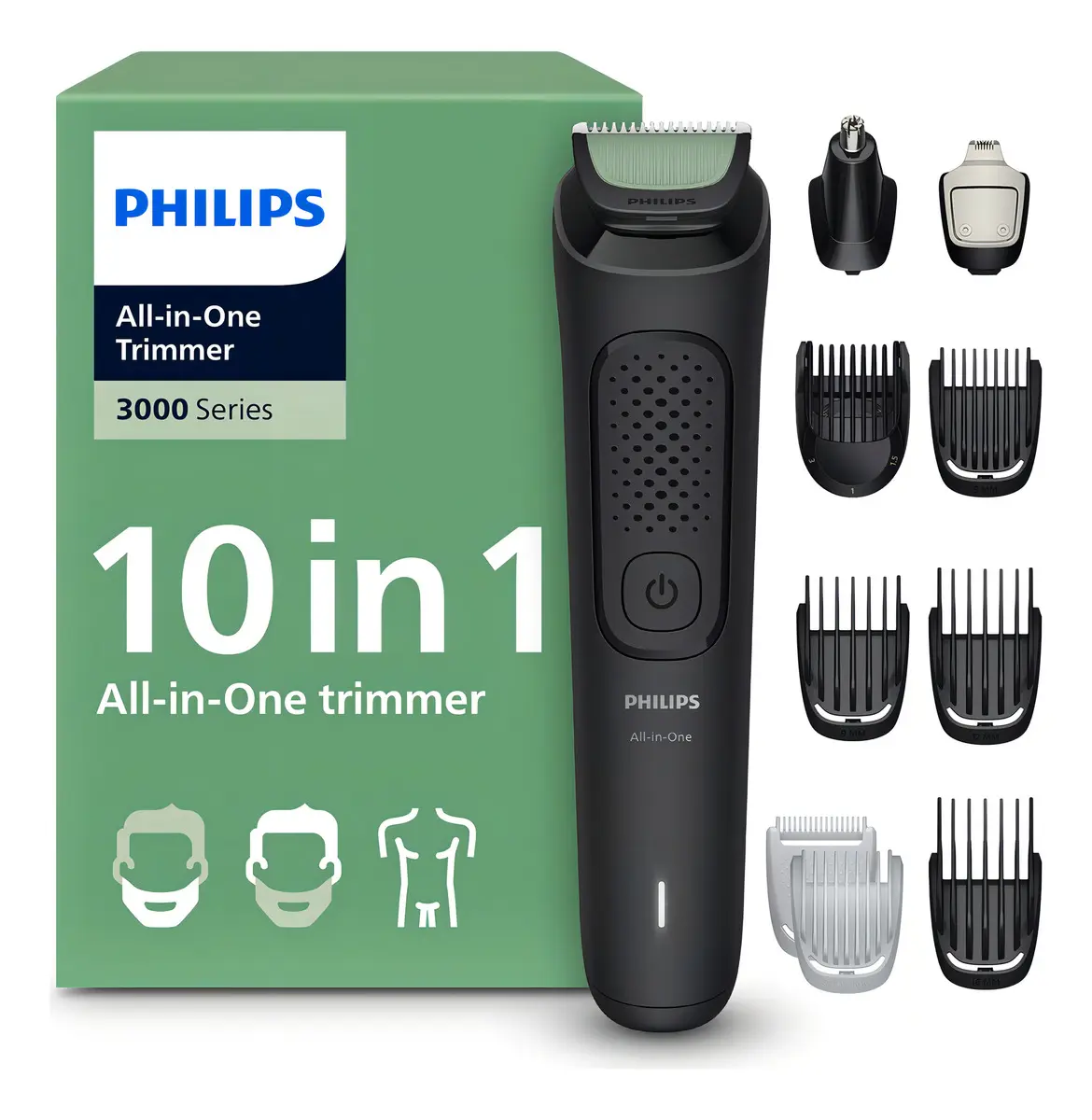 Philips Multigroom Serie 3000, Recortadora Todo En Uno Kit 10 En 1, Cara, Pelo, Orejas, Nariz Y Cuerpo, Peine Ajustable... Negro