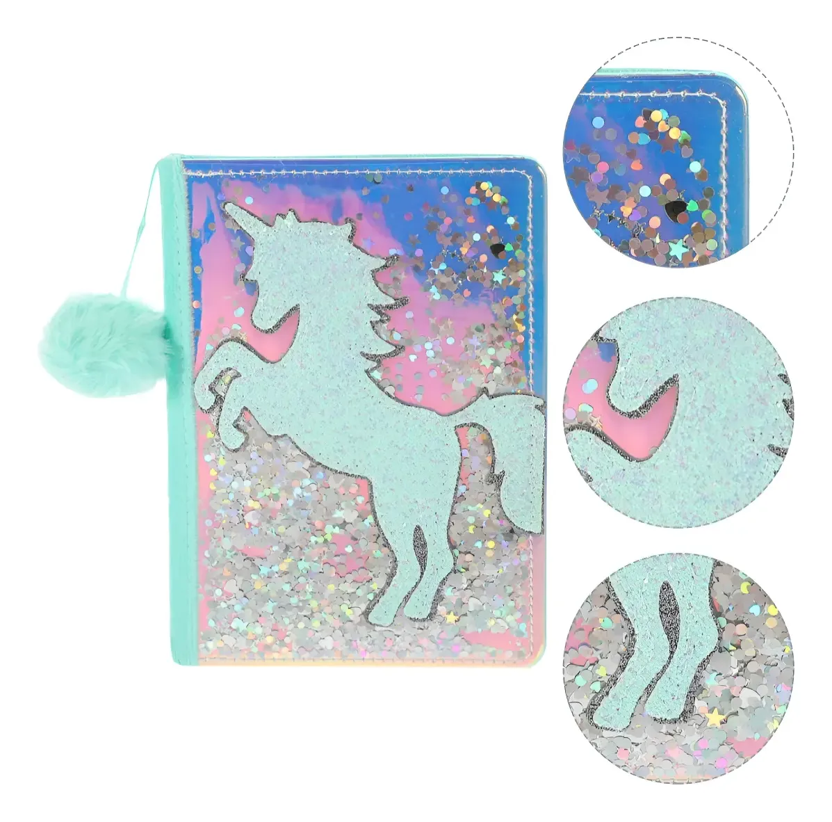 Libreta Cuaderno Unicornio Con Glitter Y Pompón Peluche