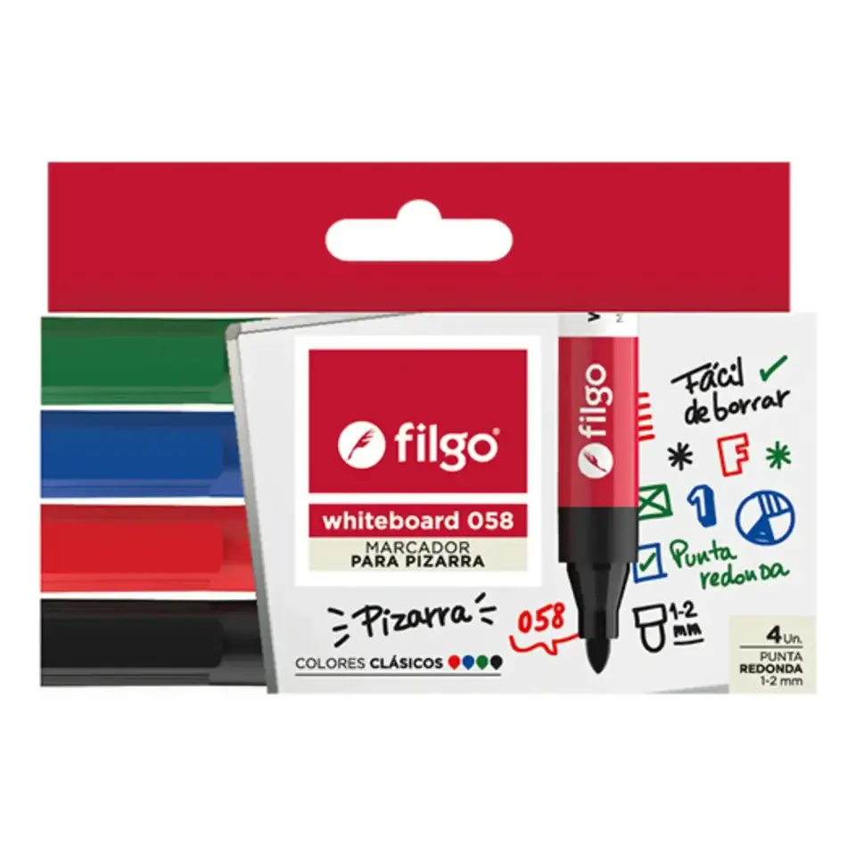Marcadores Para Pizarra Filgo 058 Punta Redonda 1mm X 4 Unid Colores Clásicos