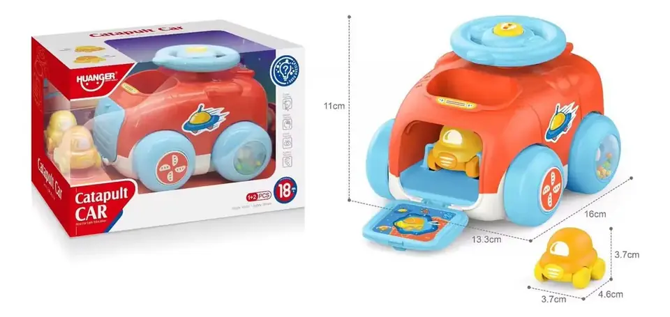 Auto Catapulta Huanger + 2 Mini Autitos Plástico Color Naranja o amarillo Bebé