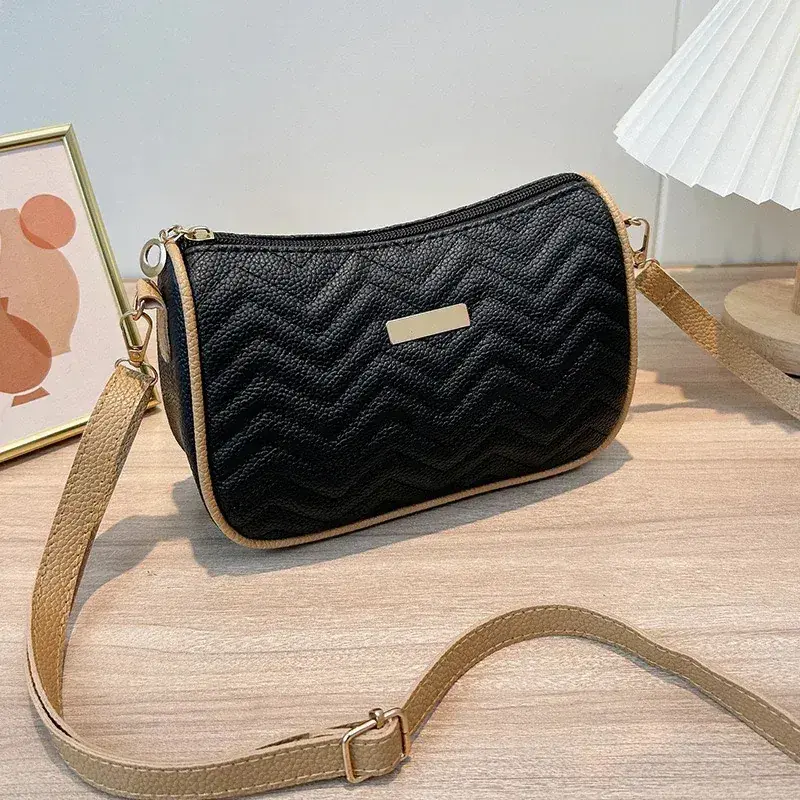 Cartera Bolsito Cruzado Casual Tamaño 20 X 7 X 13 Cm Negra Liso Marrón Claro