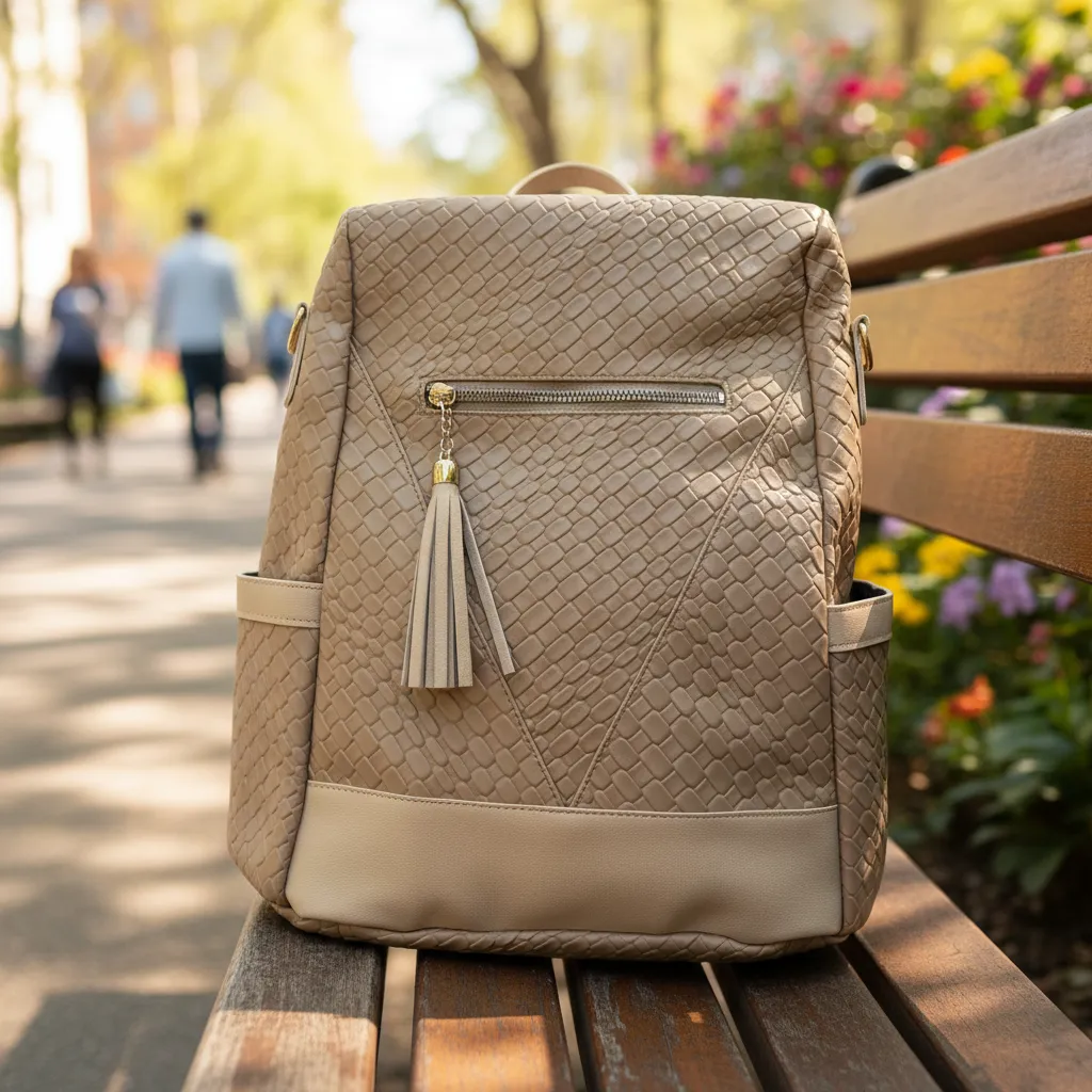 Mochila Urbana Dama Ecocuero Texturado Beige Con Borla