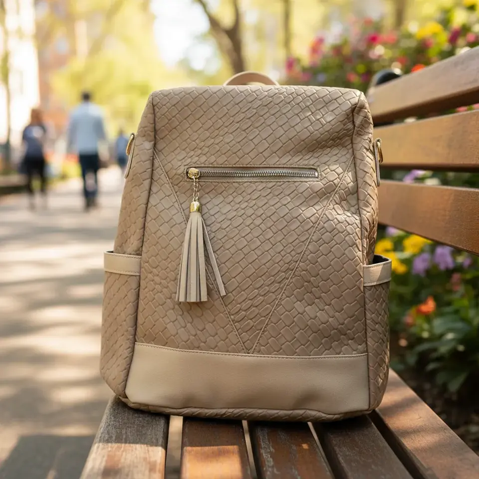 Mochila Urbana Dama Ecocuero Texturado Beige Con Borla
