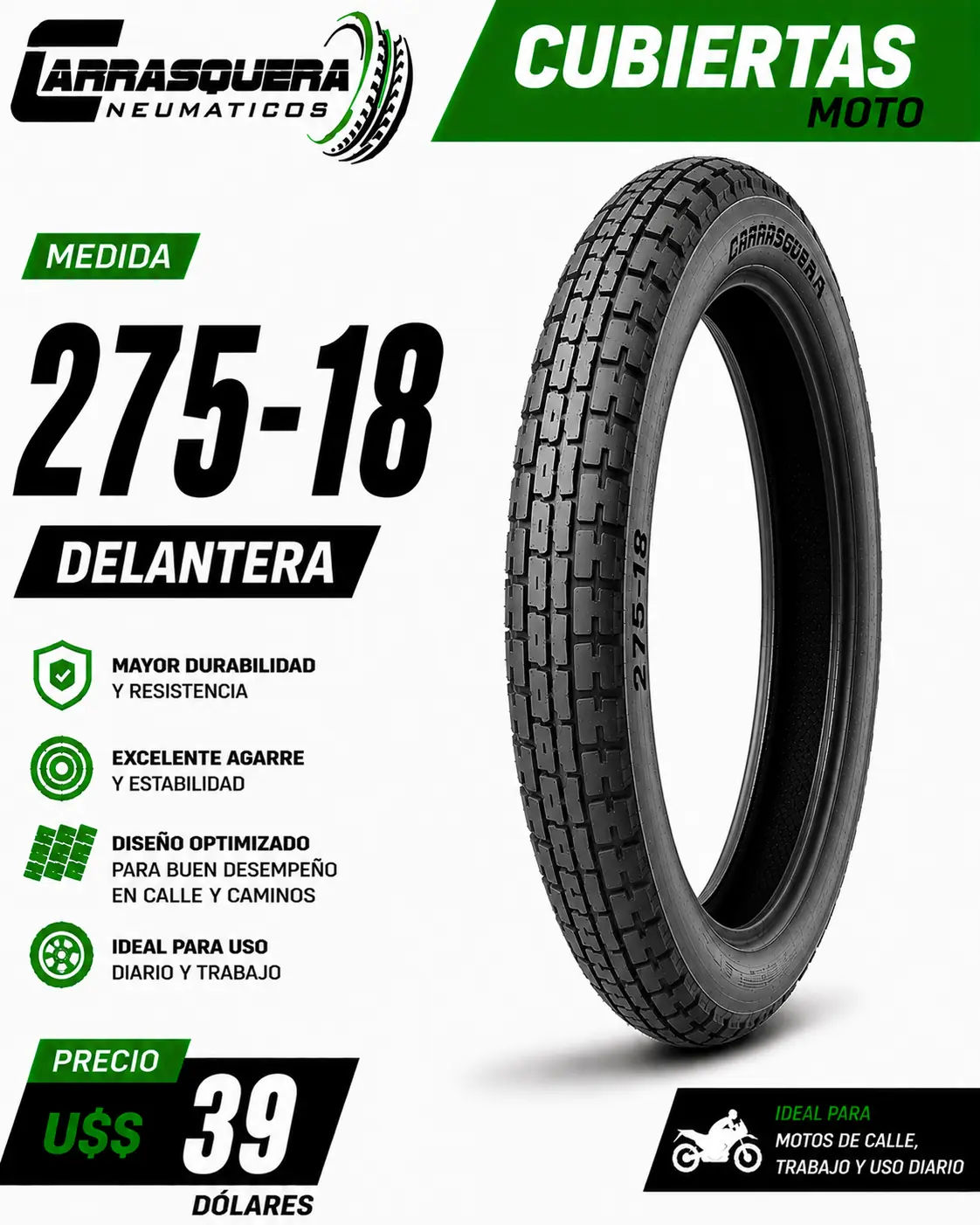 Cubierta Moto 275-18 Delantera Carrasquera