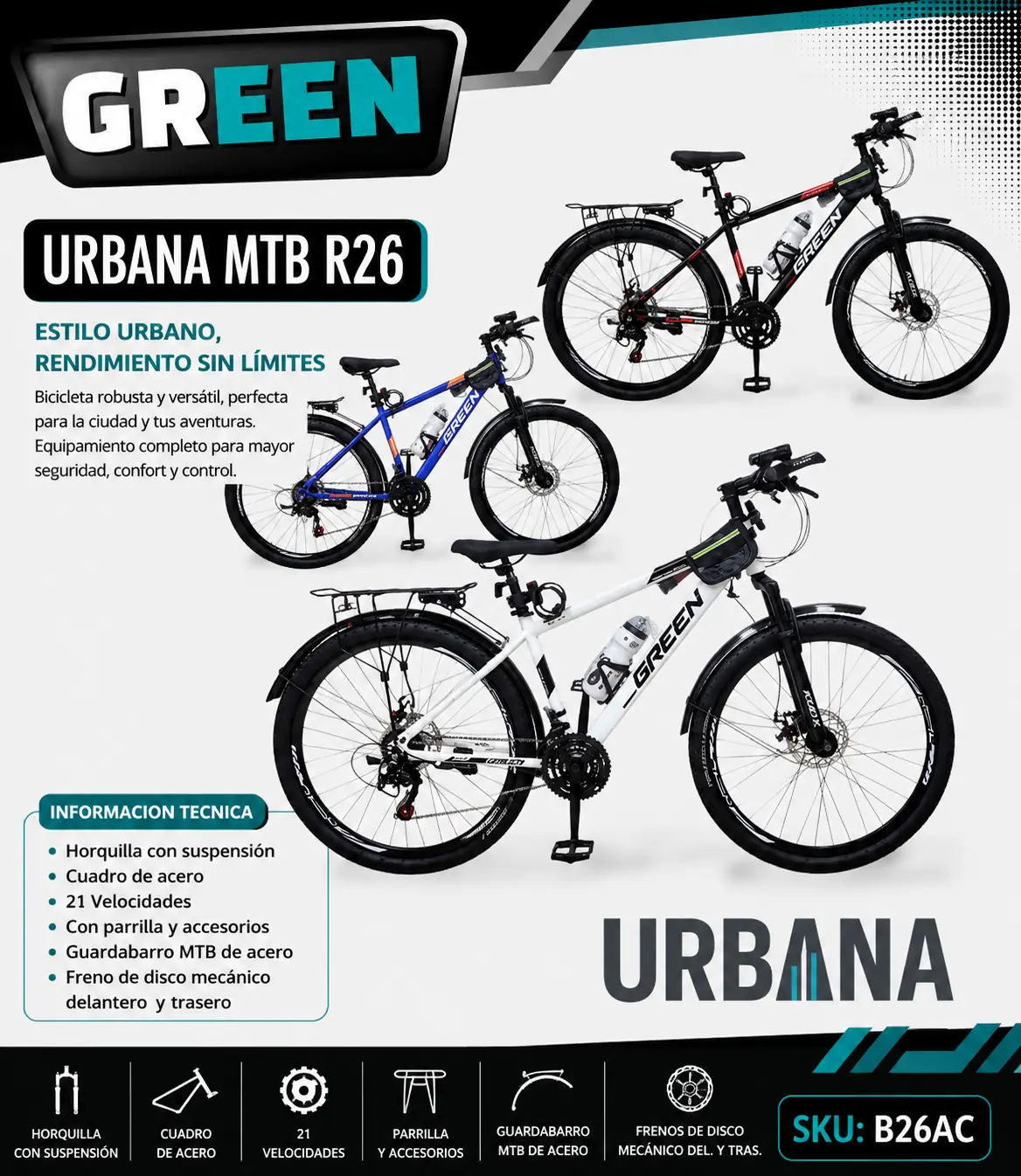 Bicicleta URBANA R26 con parrilla