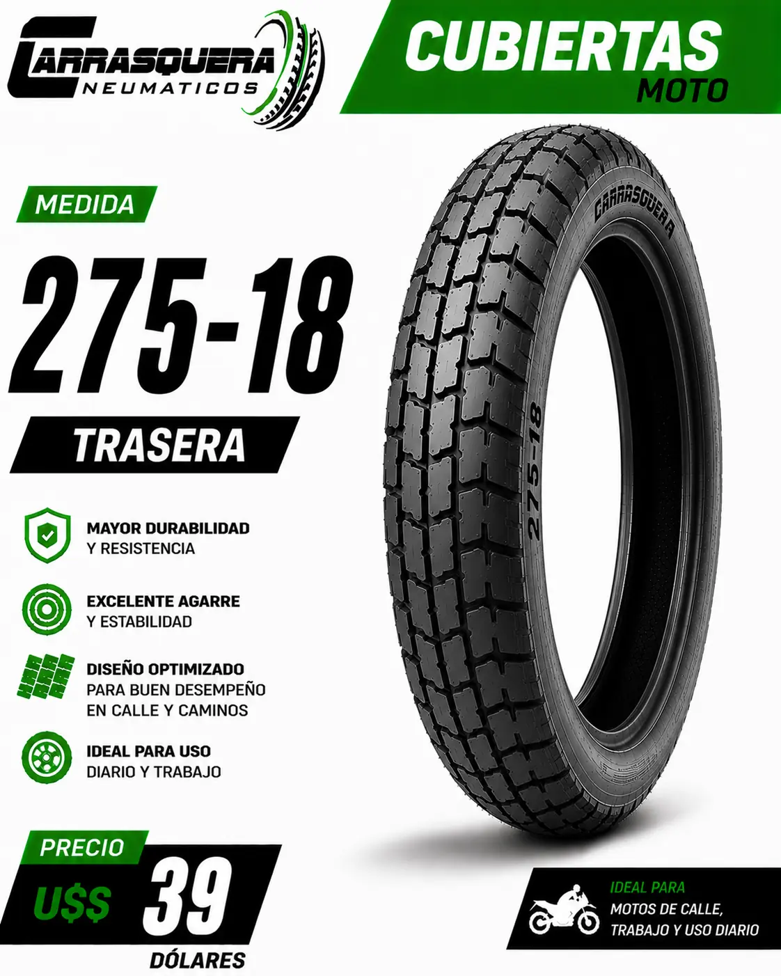 Cubierta Moto 275-18 Trasera Carrasquera
