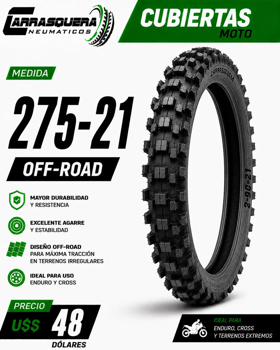 Cubierta Moto 275-21 Off Road Carrasquera