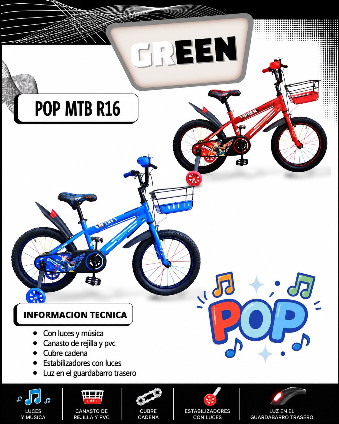 Bicicleta MTB POP R16 con música y luces