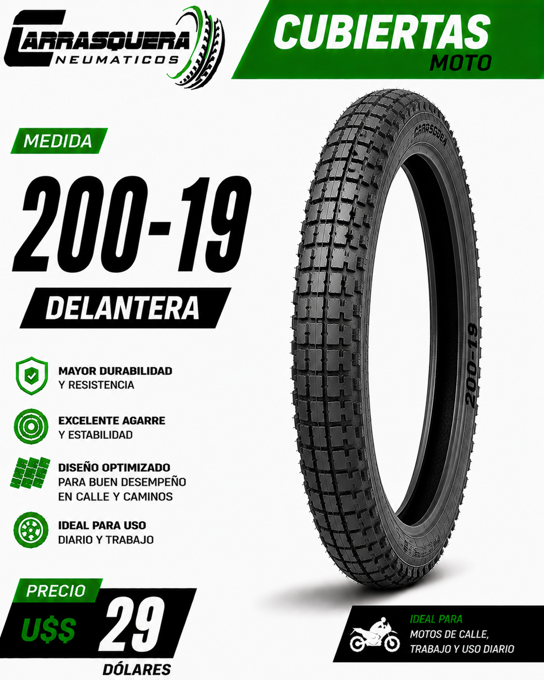Cubierta Moto 200-19 Delantera Carrasquera