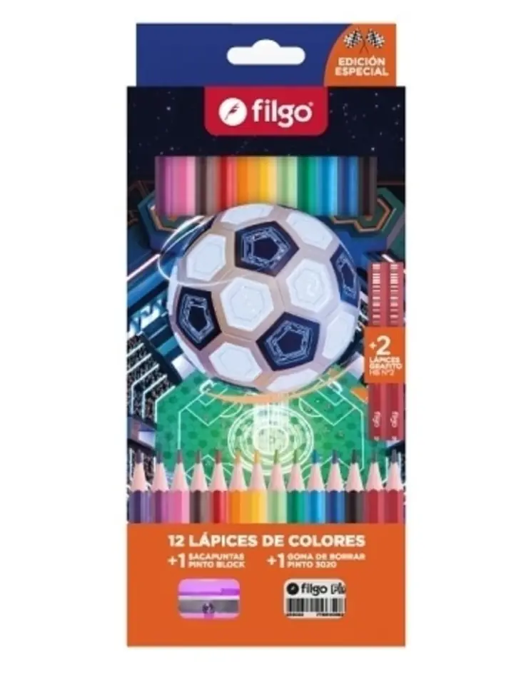 Lápiz de Color Filgo resina pinto - estuche 12 surtido + 2 hb + goma + sacapunta