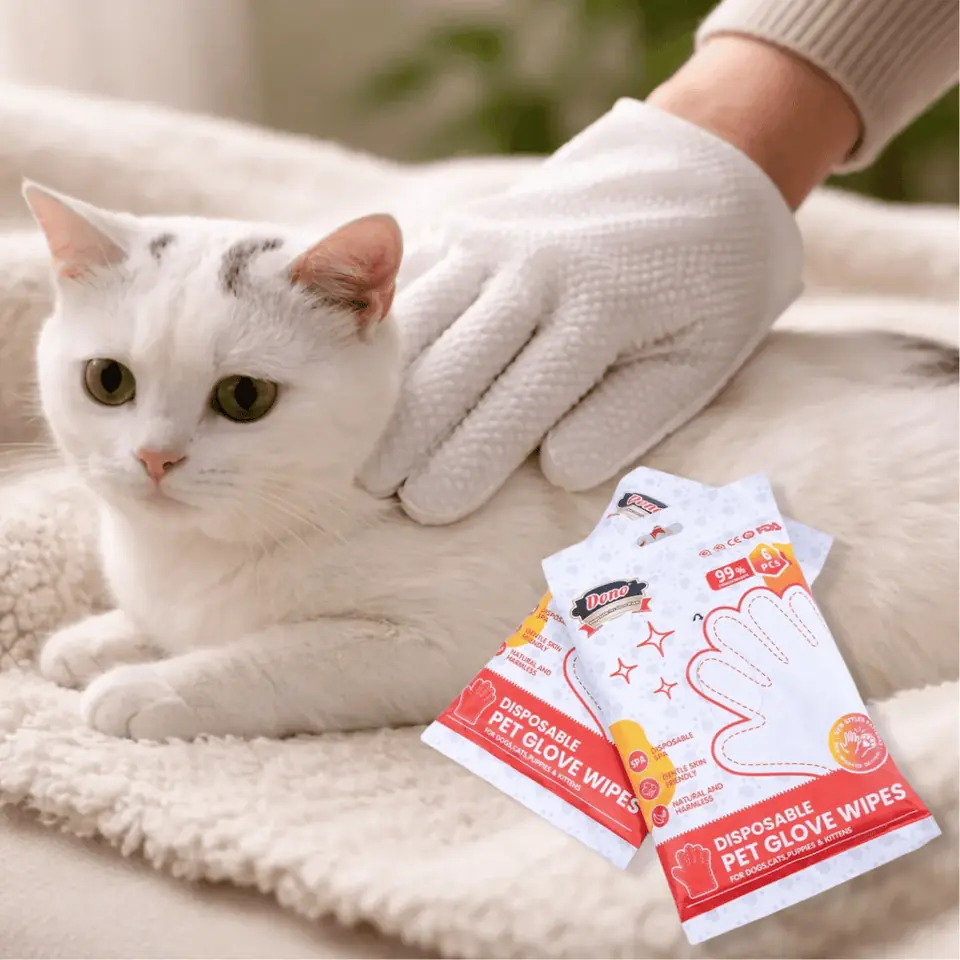 Guantes húmedos (toallitas) para limpieza diaria de mascotas. 6 unidades