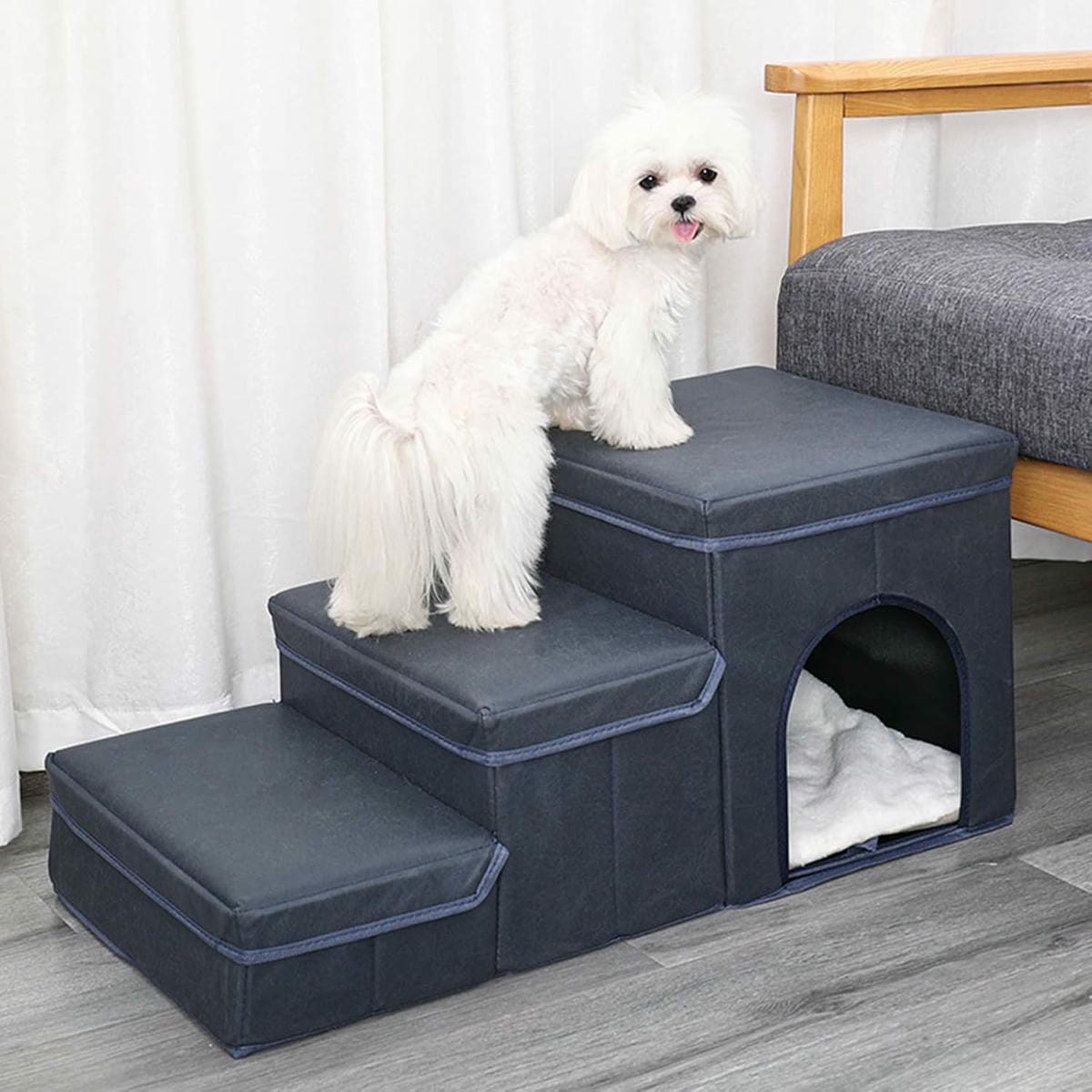 Escalera plegable 3 en 1 resistente al agua, con baúles y cucha para mascotas (Azul)