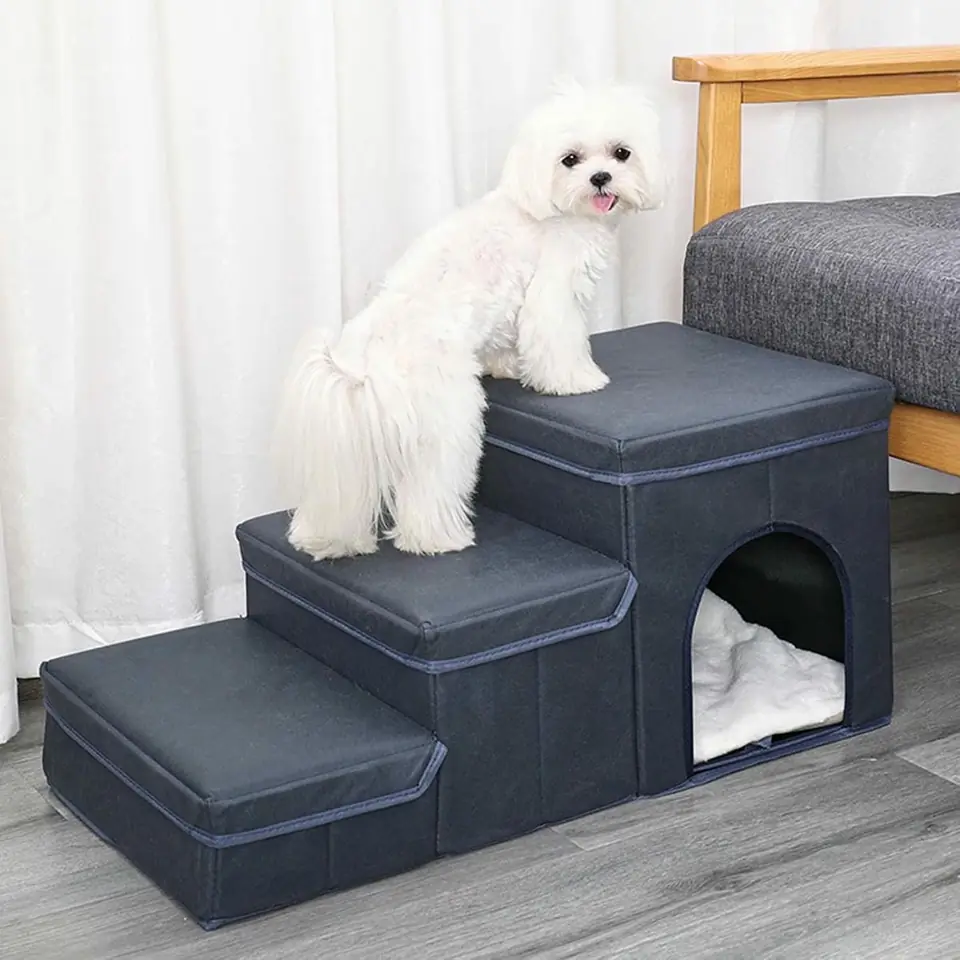 Escalera plegable 3 en 1 resistente al agua, con baúles y cucha para mascotas (Azul)