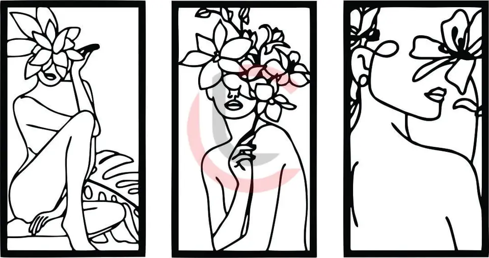 Cuadro tríptico mujer con flores