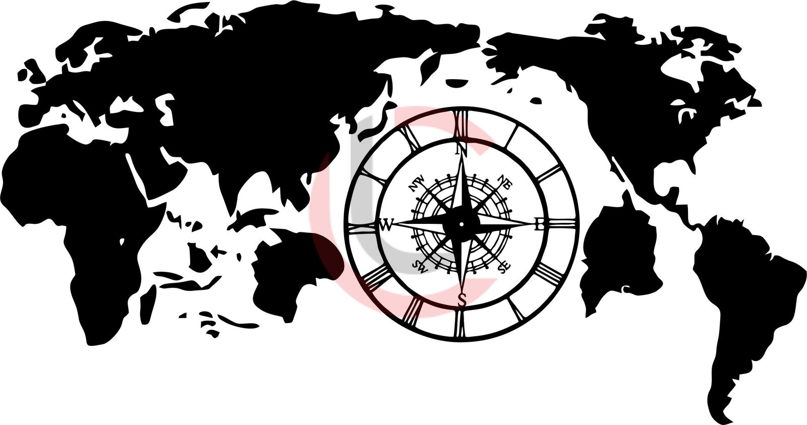 Cuadro mapamundi con reloj rosa de los vientos