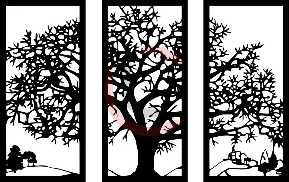Cuadro tríptico árbol con casa
