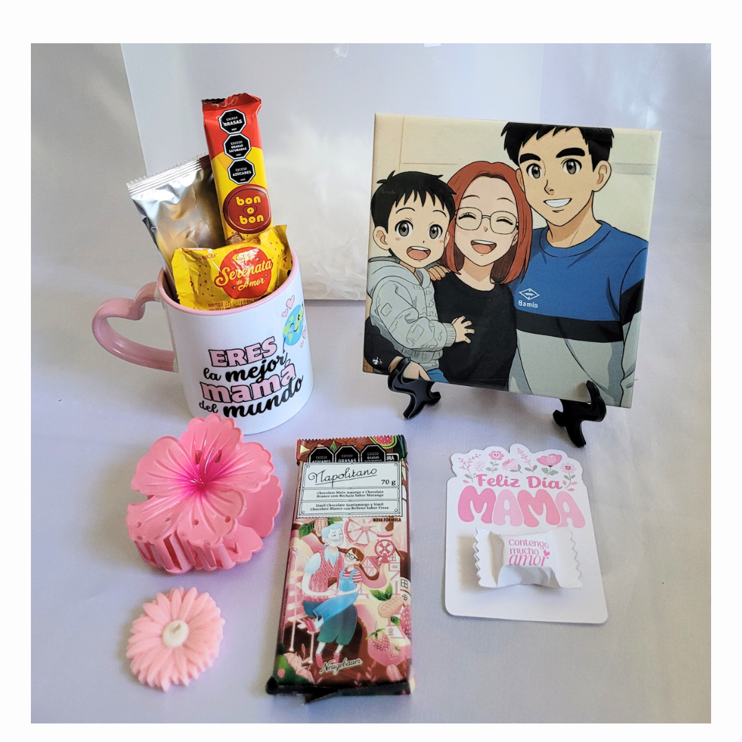BOX TAZA CON ASA DE CORAZÓN + AZULEJO + GOLOSINAS