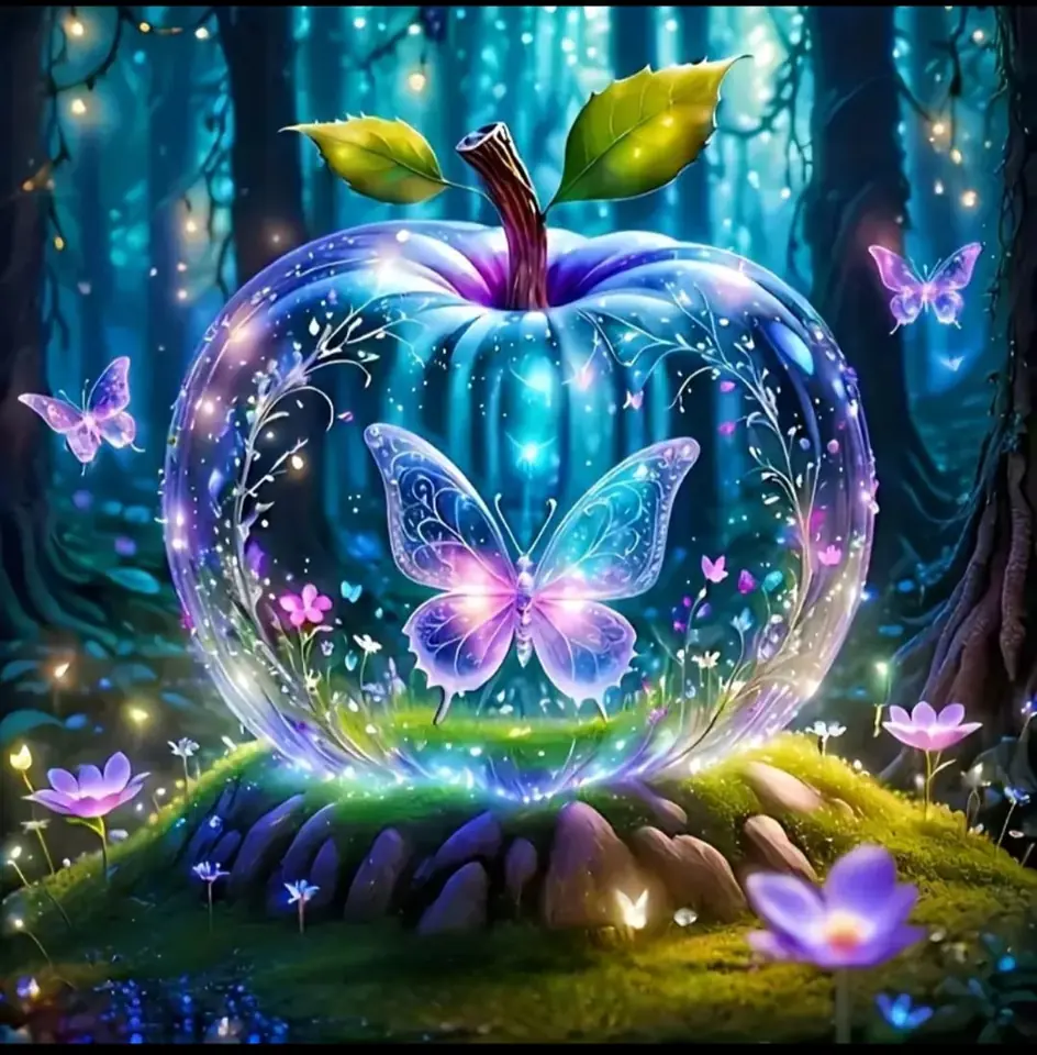 Manzana y mariposas diamantes cuadrados.