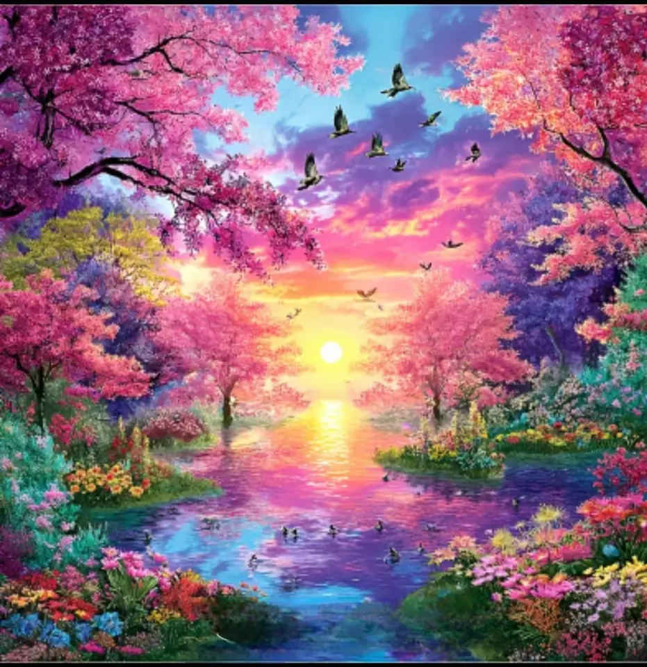 Paisaje con pájaros y arboles rosados.