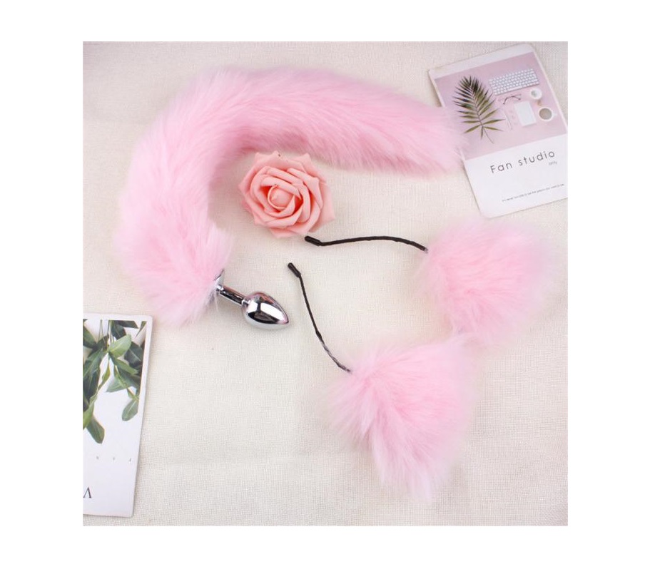 KIT PLUG COLA ZORRO Y TIARA OREJITAS ROSA