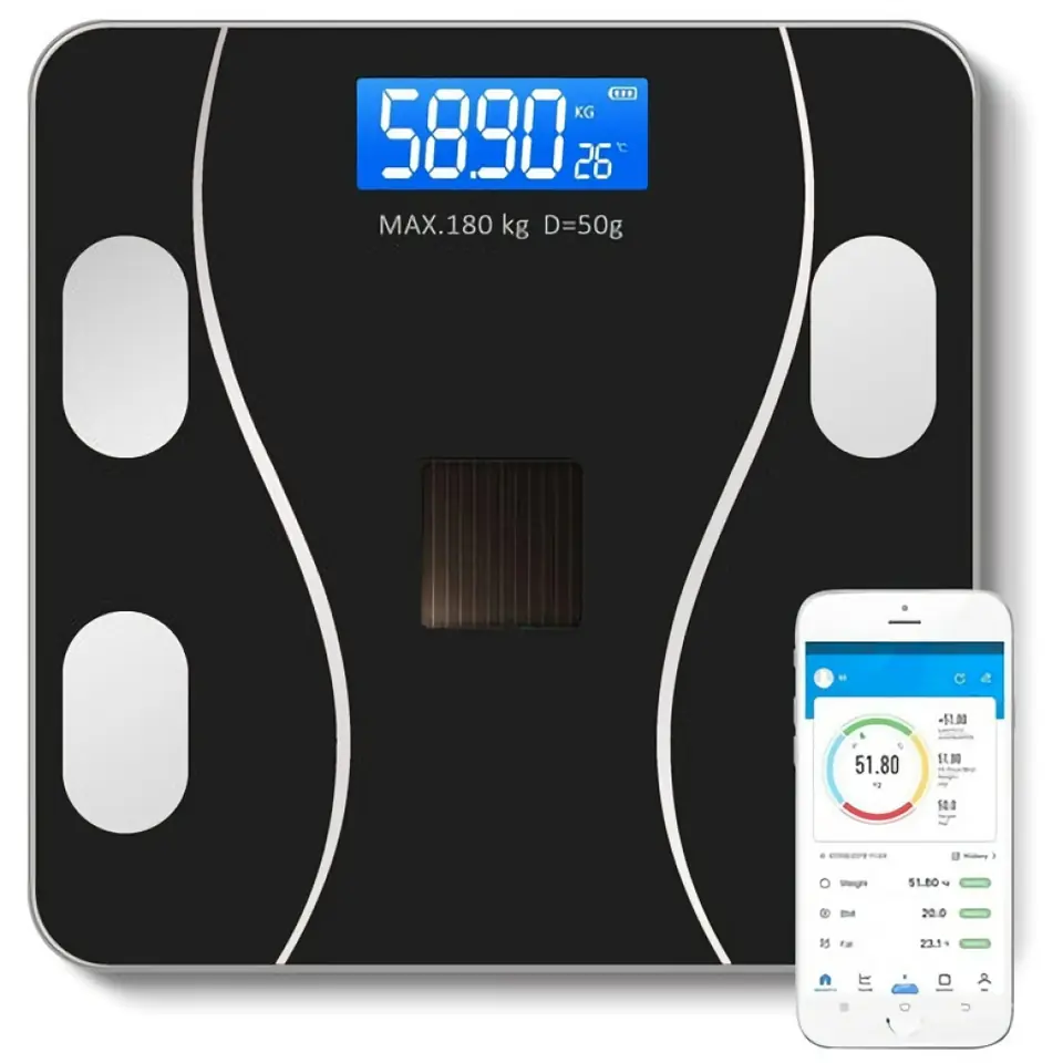BALANZA BAÑO INTELIGENTE SMART SCALE APP BLUETOOTH PARA CELULAR RECARGABLE Y SOLAR