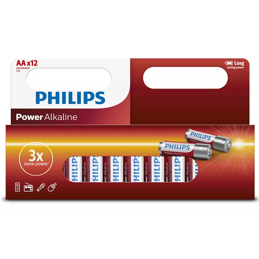 PACK X12 PILAS AA ALCALINAS PHILIPS 1.5V DOBLE A ROJAS BLISTER 12 UNIDADES LR6