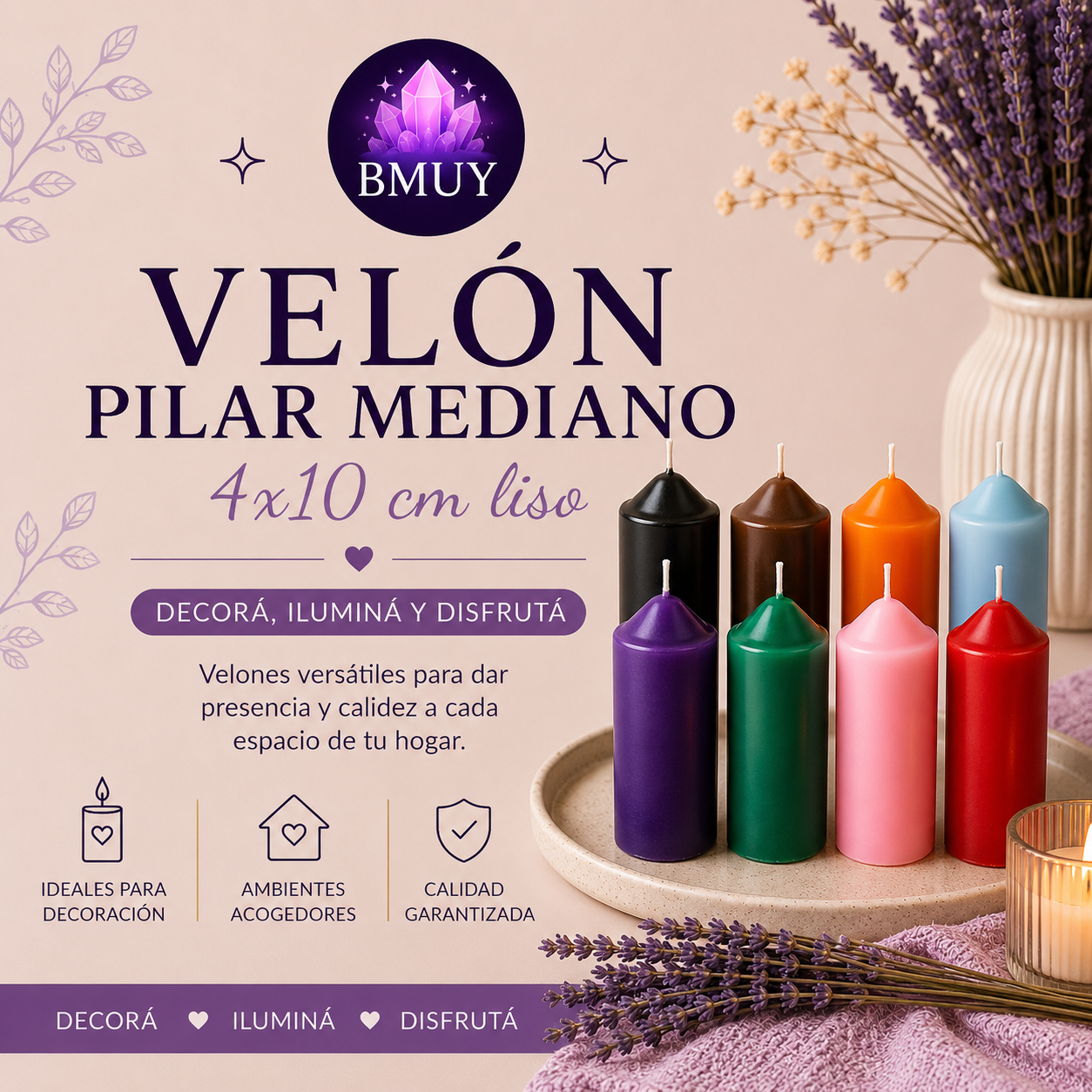 Velón pilar mediano 4x10cm Liso