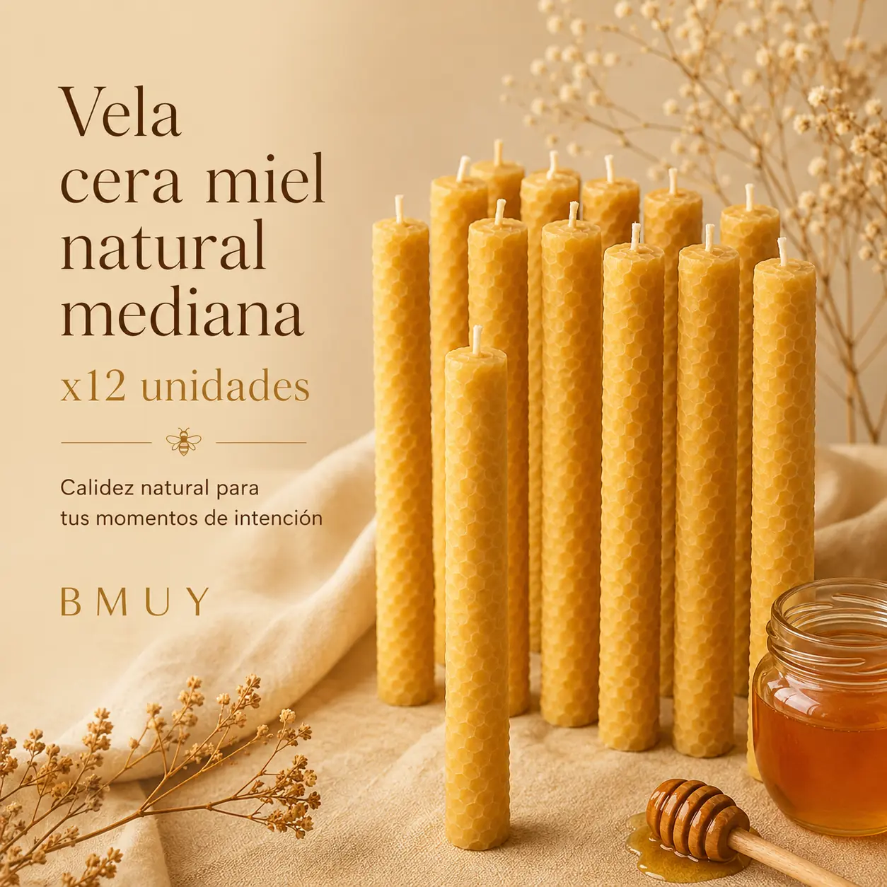 Vela cera miel natural mediana x12 unidades